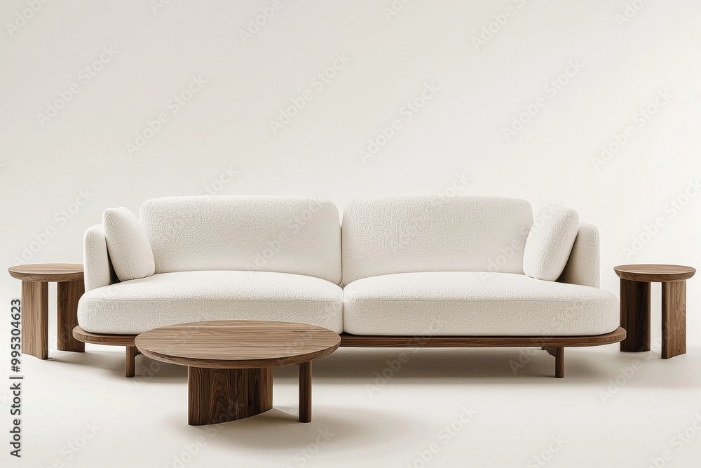 A white sofa with wooden legs and two round coffee tables on the side, in a light beige style, with an oversized sofa armrest, a plush fabric texture, soft curves, a streamlined design, a simple backg A white sofa with wooden legs and two round coffee tables on the side, in a light beige style, with an oversized sofa armrest, a plush fabric texture, soft curves, a streamlined design, a simple backg