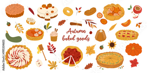 Set autumn pastry with leaves, pumpkins and typography. Design elements with brush texture. Pie, cookies, cake, baked apple, muffin and pretzel. For menu, card, poster, stickers, pattern, background