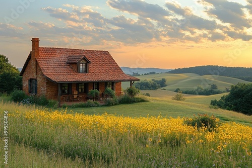 A picturesque landscape of a rural lodge nestled among rolling hills, inviting guests to experience the tranquility of farm life   photo