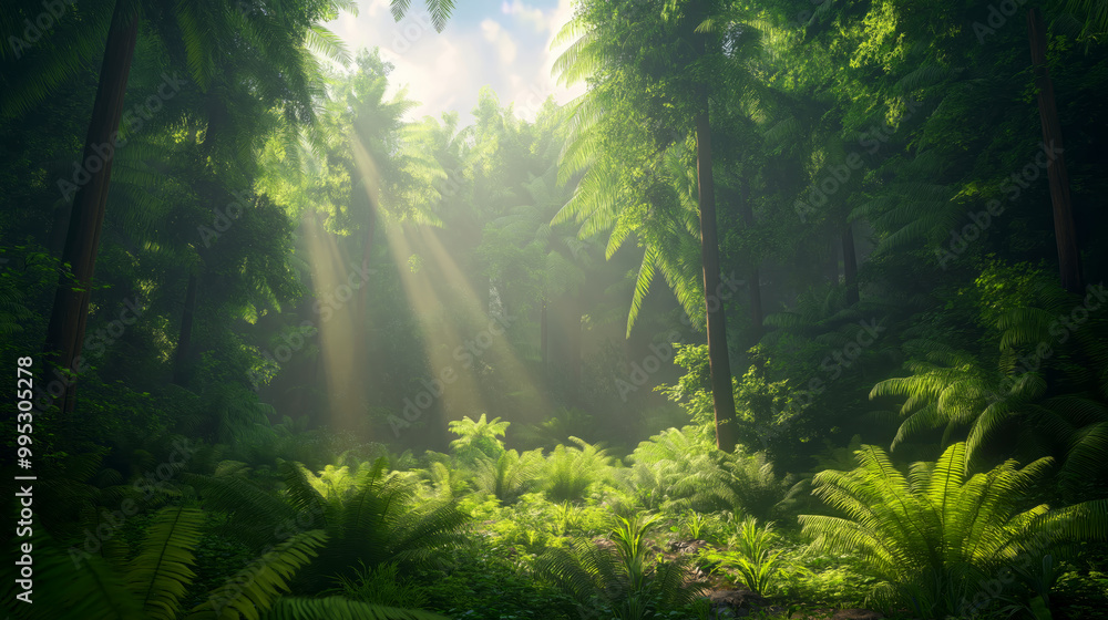 A serene forest scene bathed in soft sunlight, with lush ferns and vibrant greenery A serene forest scene bathed in soft sunlight, with lush ferns and vibrant greenery