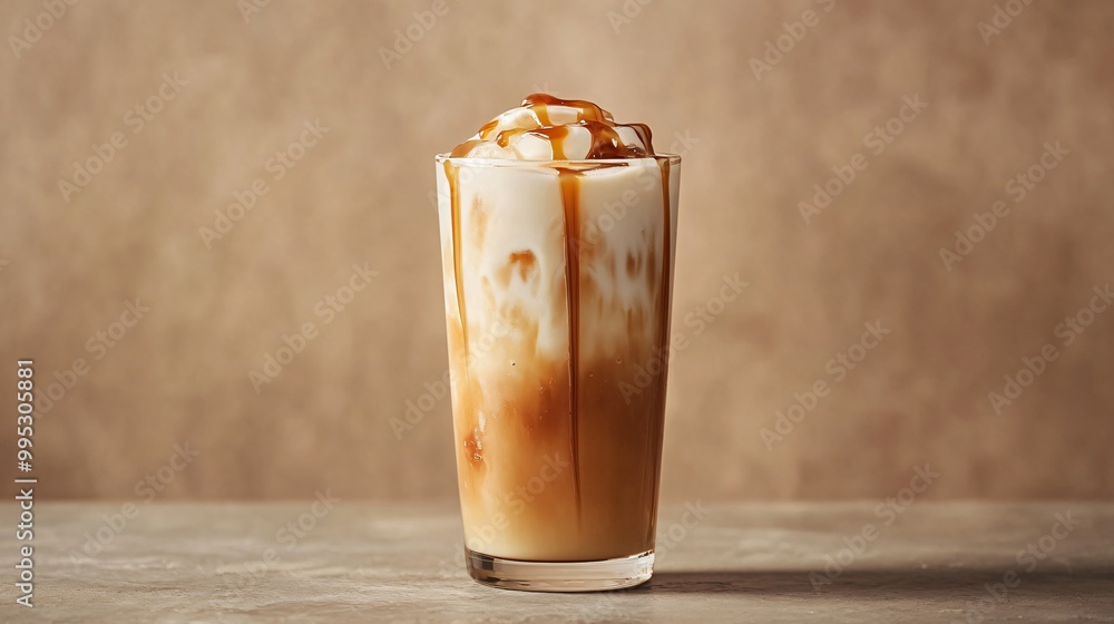 Iced Coffee with Caramel Drizzle in Tall Glass on Concrete Surface. Iced Coffee with Caramel Drizzle in Tall Glass on Concrete Surface.