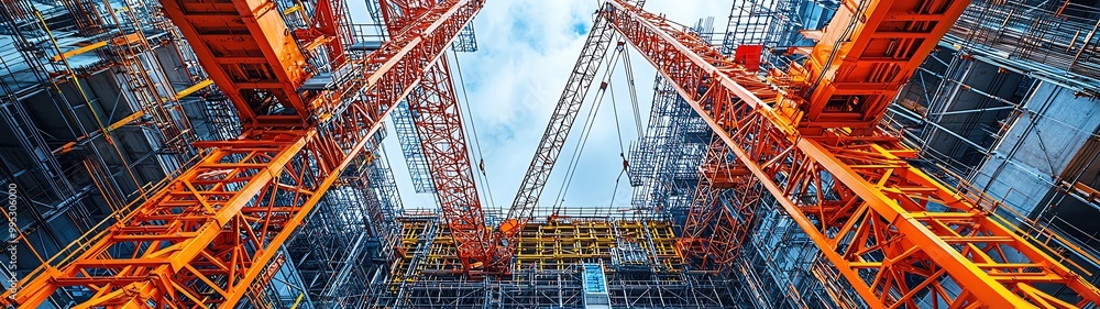 Fototapeta premium Industrial cranes and girders intersecting with each other, forming abstract angular shapes in a constructionthemed background