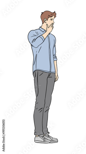 man covers his mouth with his fingers side view isolated