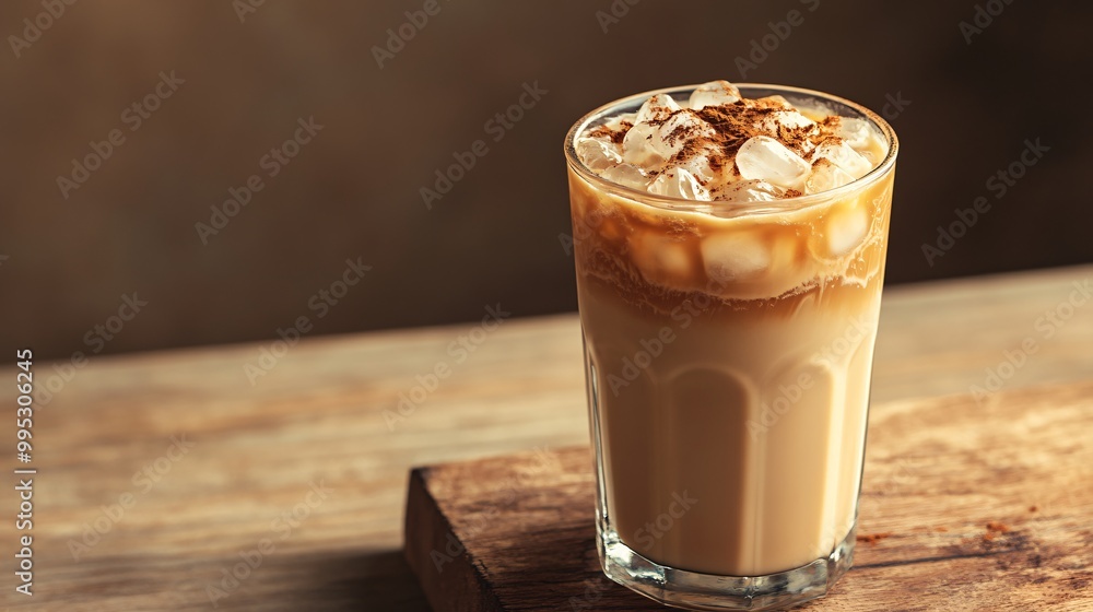Iced coffee with cinnamon and ice cubes in a tall glass on a wooden surface. Iced coffee with cinnamon and ice cubes in a tall glass on a wooden surface.
