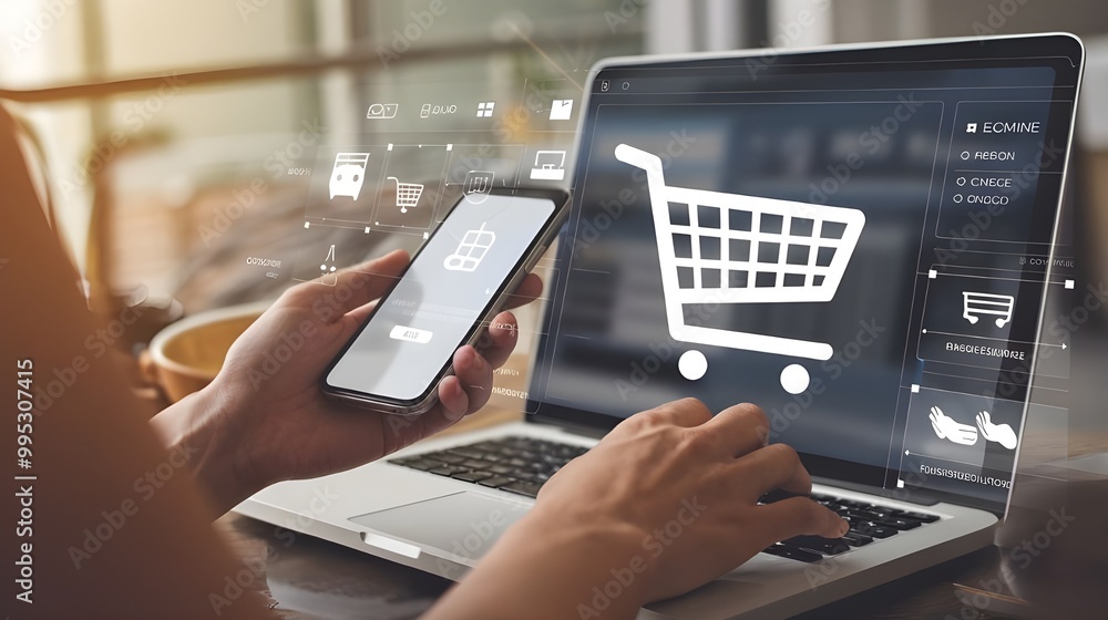 Business ecommerce concept. Person use smartphone and laptop with online shopping cart icon on virtual screen. online purchase, ecommerce store, online business, shopping. Business ecommerce concept. Person use smartphone and laptop with online shopping cart icon on virtual screen. online purchase, ecommerce store, online business, shopping.