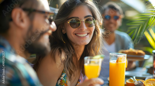 Happy young people eating healthy food at farm house picnic - Life style concept with cheerful woman and man drinking fresh orange juice sitting at cafe bar table - Food and bever photo