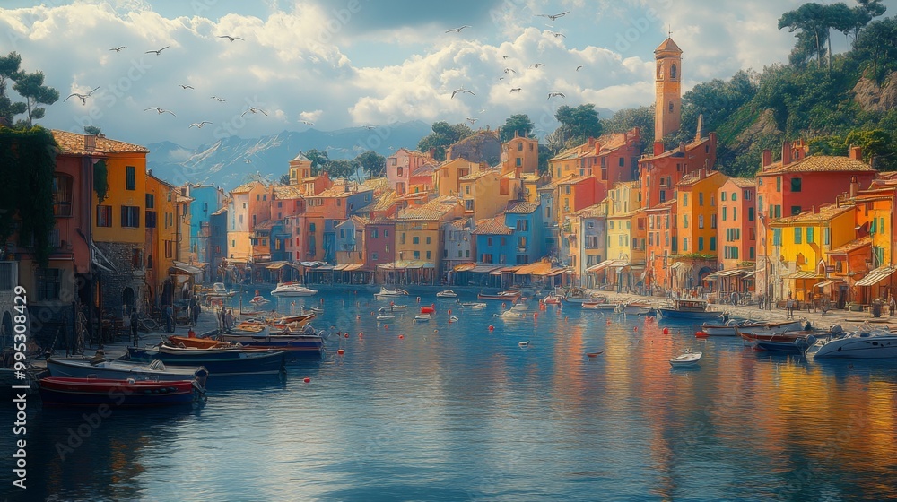 Obraz premium Colorful Harbor Town with Boats and Seagulls