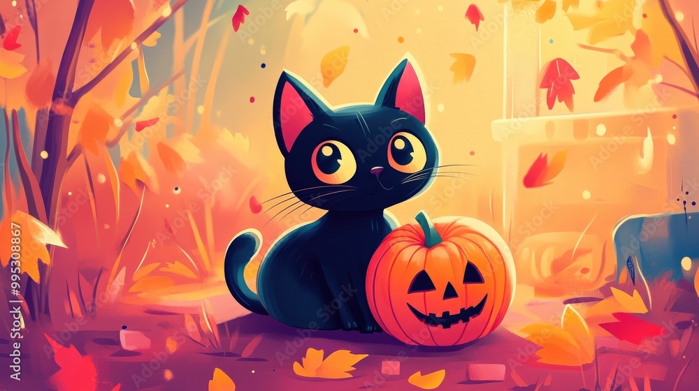 Halloween themed colorful cartoon illustration featuring a cat with a pumpkin Halloween themed colorful cartoon illustration featuring a cat with a pumpkin
