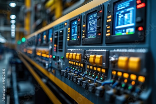 Close-up of industrial control panel with monitors and retrofitted wires in factory setting, digital instruments displaying data, shallow depth of field
