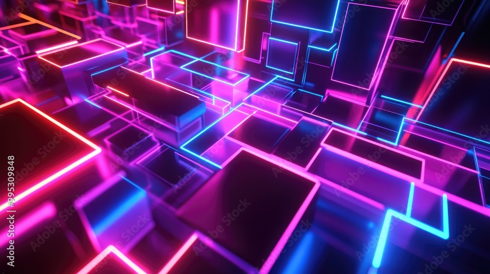 Neon glowing tech lines create a hi tech futuristic abstract background featuring geometric square shapes Neon glowing tech lines create a hi tech futuristic abstract background featuring geometric square shapes