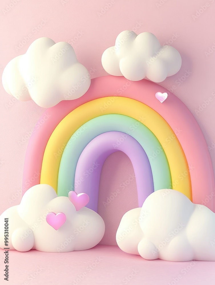 Fantasy 3D illustration of a rainbow adorned with clouds and a heart designed in a cartoon style with pastel colors perfect for children s themes Fantasy 3D illustration of a rainbow adorned with clouds and a heart designed in a cartoon style with pastel colors perfect for children s themes