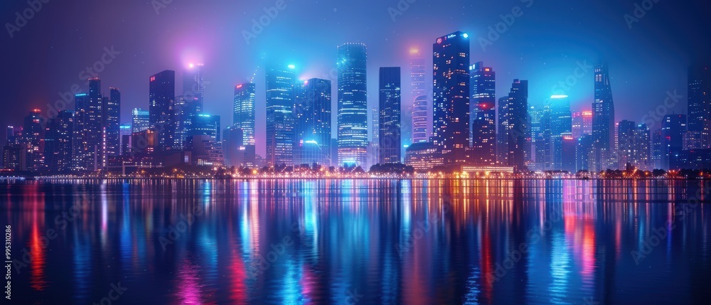 Obraz premium Vibrant City Skyline with Reflections at Night