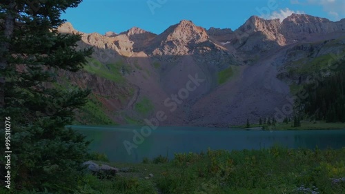 Sunset hiking trail wildflowers Lower Blue Lakes wildflowers landscape Mount Sneffels Wilderness summer Ridgway Telluride Colorado Rocky Mountains Uncompahgre National Forest San Juan Dallas Range up photo