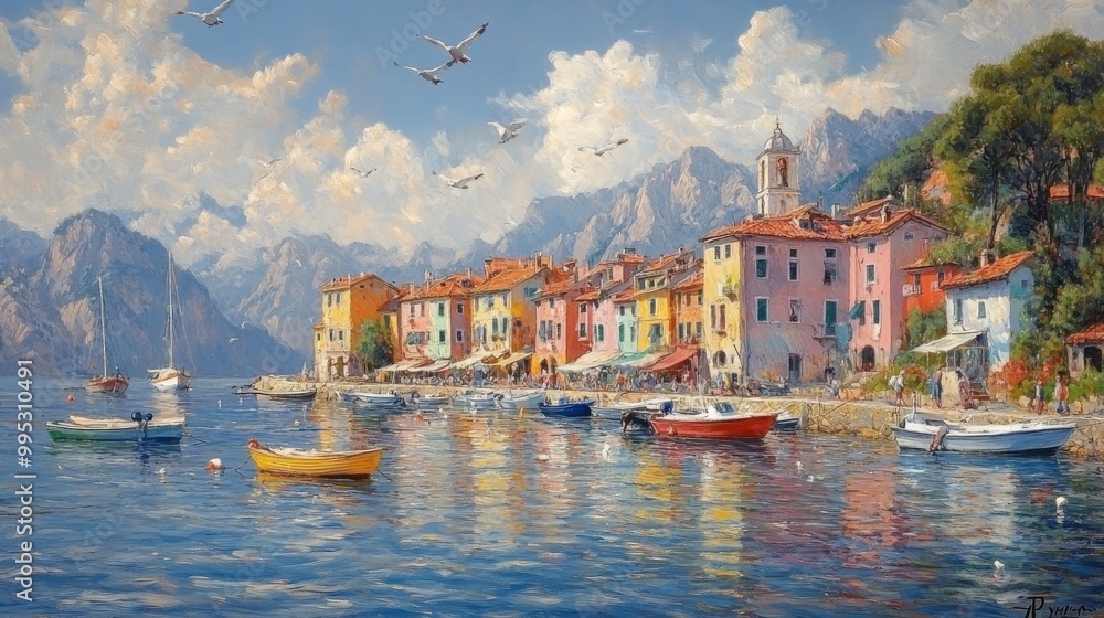 Fototapeta premium A Colorful Coastal Town Under a Sunny Sky