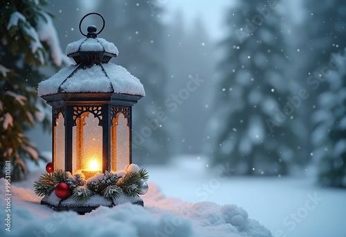 Lantern is covered in snow and decorated with festive decorations in a winter wonderland