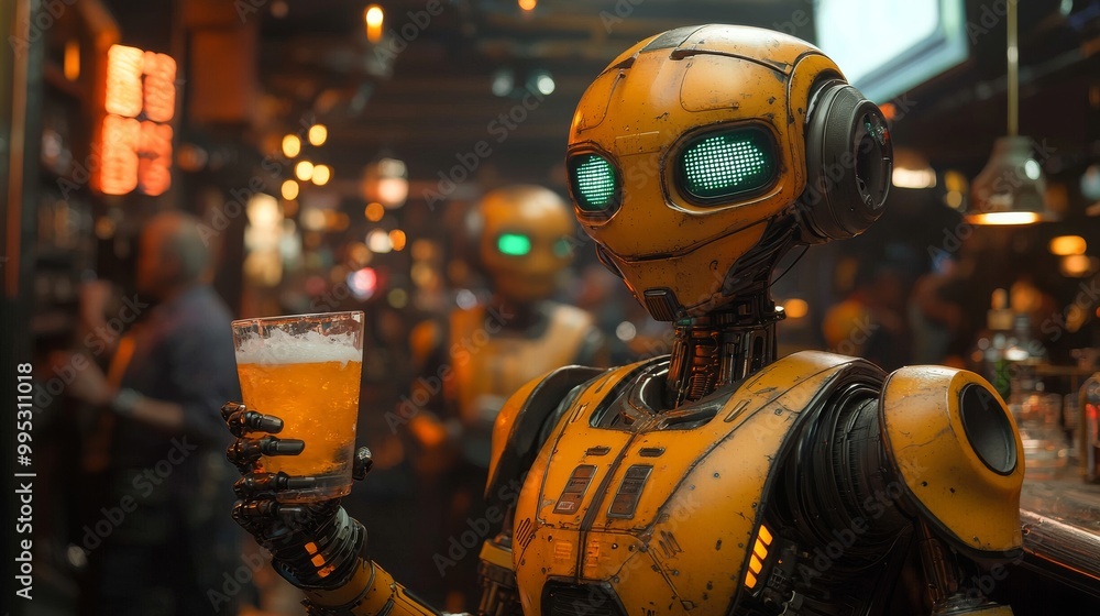 inside a tavern filled with robots holding cocktails in their hands and looking drunk inside a tavern filled with robots holding cocktails in their hands and looking drunk