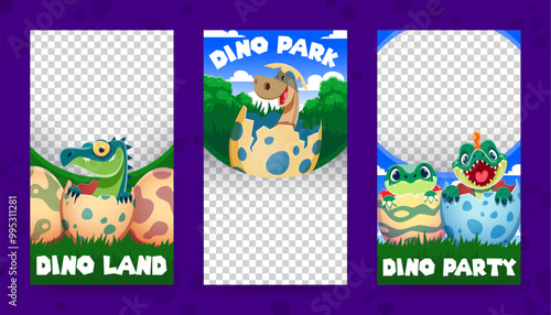 Dino kids of prehistoric dinosaurs in egg shell, banner templates. Vector frames for dino land, park or party events with vibrant Jurassic backgrounds and cute hatching baby dinosaur reptile species
