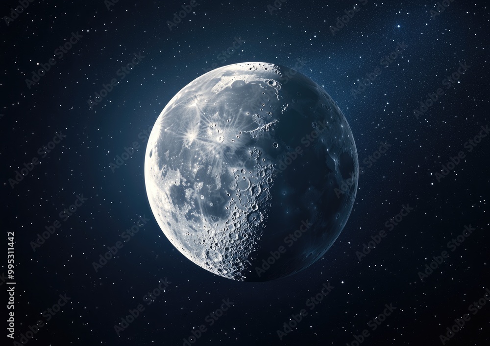 Obraz premium Half Moon Background Realistic moon The Moon orbits Earth as its only permanent natural satellite showcasing its celestial beauty