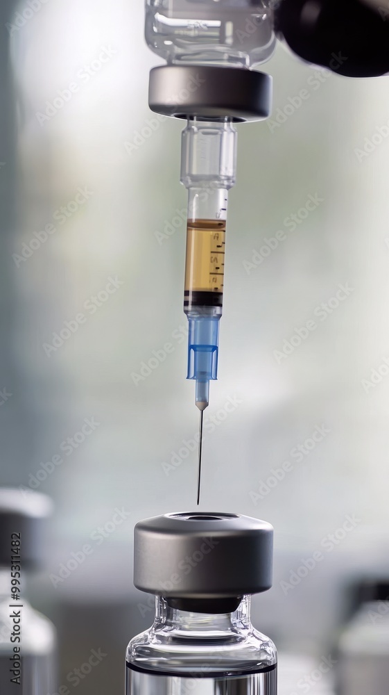 A close-up of a syringe extracting liquid from a vial, illustrating a medical preparation step, likely for vaccination or medication administration. A close-up of a syringe extracting liquid from a vial, illustrating a medical preparation step, likely for vaccination or medication administration.