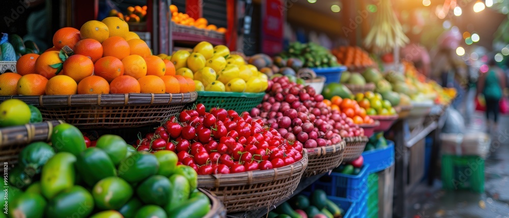 Vibrant Market Scene with Fresh Fruits and Vegetables Vibrant Market Scene with Fresh Fruits and Vegetables