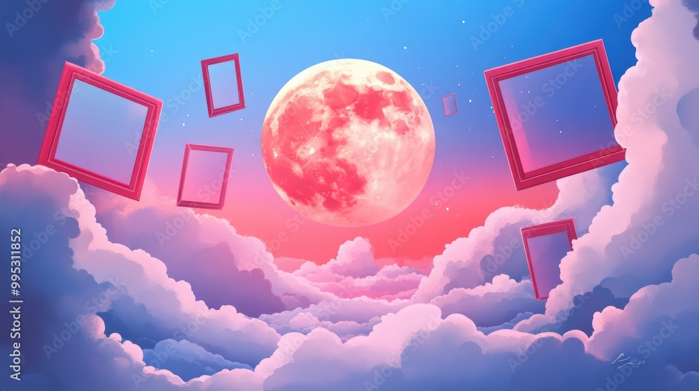 Surreal landscape featuring a full moon floating clouds and decorative photo frames in a 2D cartoon style illustration Surreal landscape featuring a full moon floating clouds and decorative photo frames in a 2D cartoon style illustration