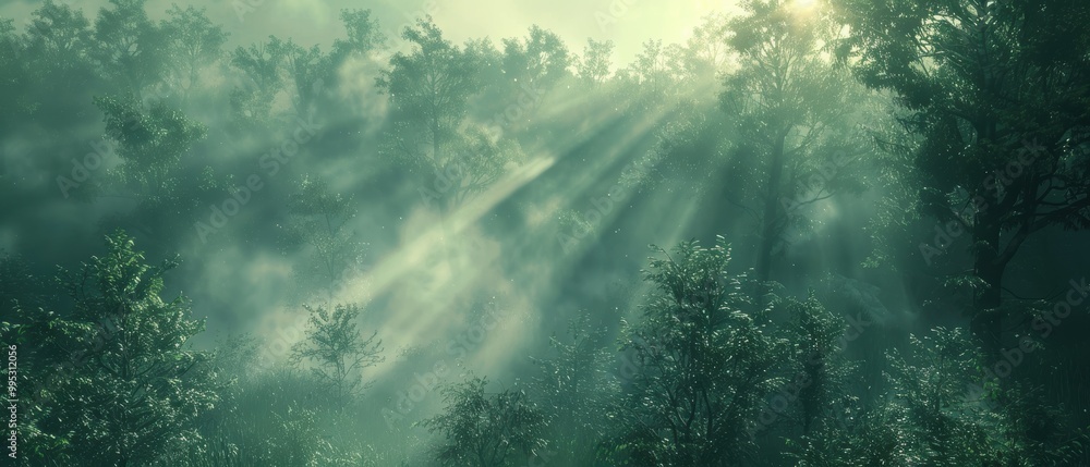 Serene Forest with Sunlight and Misty Atmosphere Serene Forest with Sunlight and Misty Atmosphere