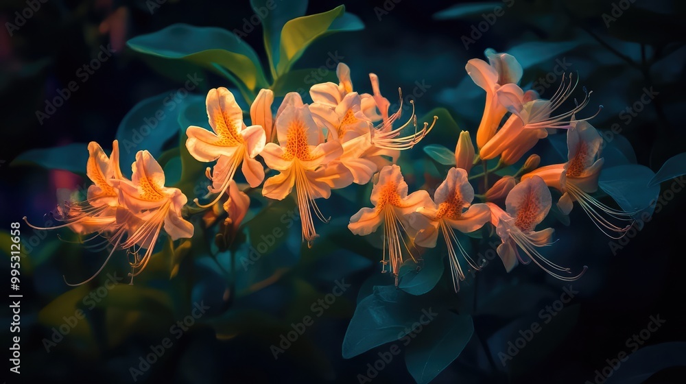 A cluster of honeysuckle flowers, glowing in the light of the full moon, with their petals reflecting the soft night glow A cluster of honeysuckle flowers, glowing in the light of the full moon, with their petals reflecting the soft night glow