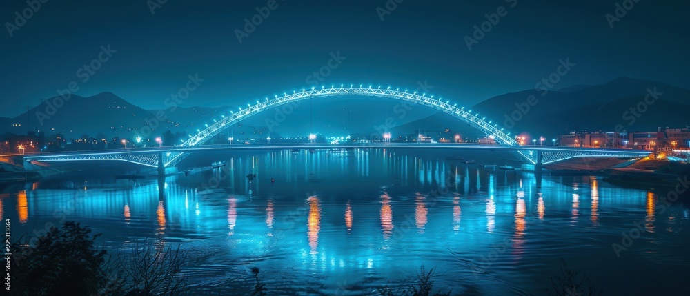 Fototapeta premium Illuminated Bridge Over Calm Water at Night