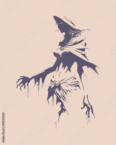 Silhouette of charming young cute witch girl. Halloween relative character silhouette