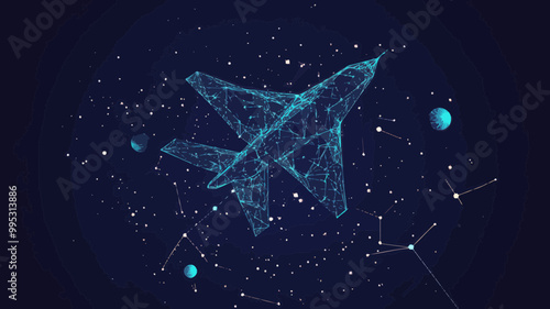Origami Aircraft in Starry Sky with Wireframe and Planets, Abstract Space Concept Vector Art for Technology and Science Themes