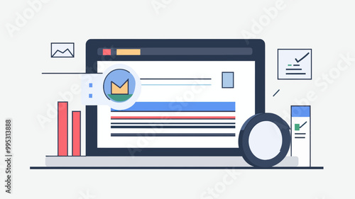 SEO Optimization Concept Vector Image Showing on-Screen Analysis, Charts, and Graphs for Better Search Engine Rankings and Performance