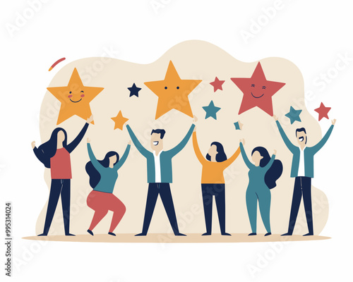 Employee Engagement and Motivation Concept - Happy Business People Celebrating Dedication with Stars - Flat Minimalist SVG Vector