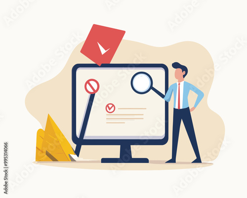 Businessman Performing Root Cause Analysis for Incident Management with Magnifying Glass and Exclamation Mark - Risk Identification and Critical Failure Investigation Concept in Flat Minimalist Vector