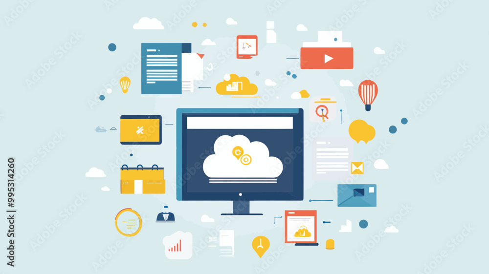 Flat Design Vector Illustration of Cloud Computing, Web Data Storage, Information Hosting, Business Document Access, Internet Communication Technology Service, and Digital Collaboration Flat Design Vector Illustration of Cloud Computing, Web Data Storage, Information Hosting, Business Document Access, Internet Communication Technology Service, and Digital Collaboration