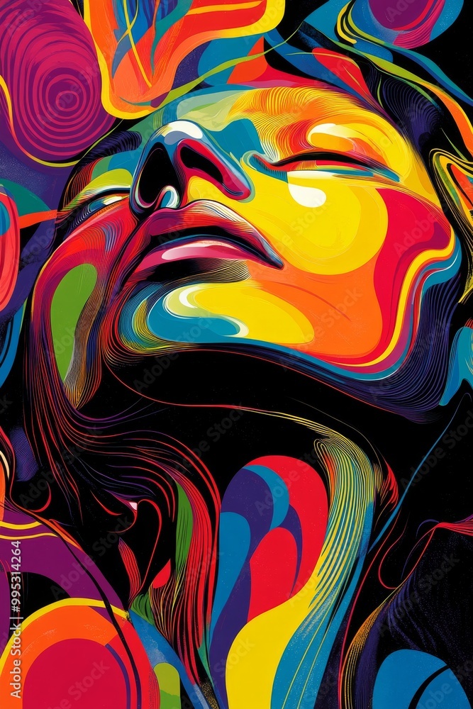 A colorful painting of a woman's face with a serene expression A colorful painting of a woman's face with a serene expression