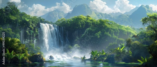 Serene Waterfall in Verdant Jungle Landscape