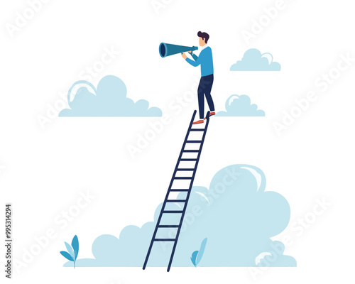 Visionary Business Success Concept: Businessman Climbing Ladder with Telescope, Searching for New Opportunities and Career Paths