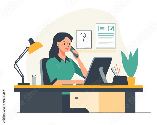 Female Administrator Answering Telephone at Office Desk, Secretary or Receptionist Profession, Businesswoman Scheduling Calendar and Coordination, Flat Minimalist SVG Vector