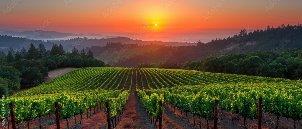 Fototapeta premium Sunset Over Lush Vineyard Landscape in Autumn