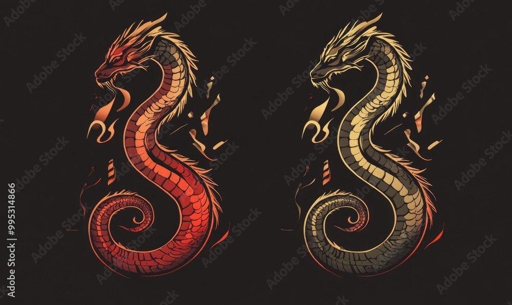 Obraz premium Fantasy dragon music logo and striking snake music logo template
