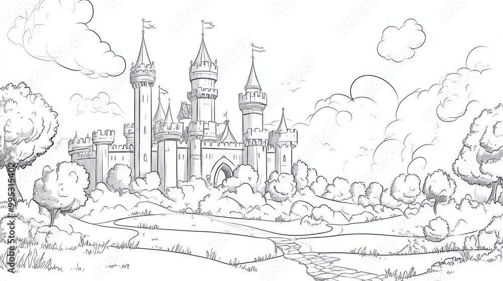 Obraz premium Vibrant and monochrome coloring template featuring a whimsical medieval castle Classical design for a children s and adults coloring book Flat 2D cartoon style