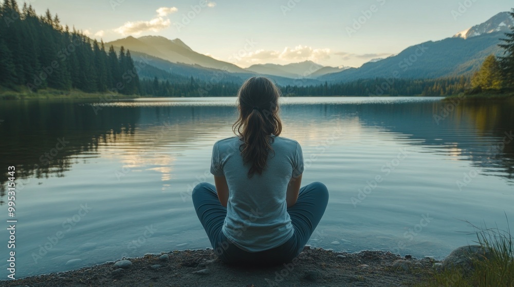 A person meditating by a serene lake surrounded by mountains at sunset. A person meditating by a serene lake surrounded by mountains at sunset.