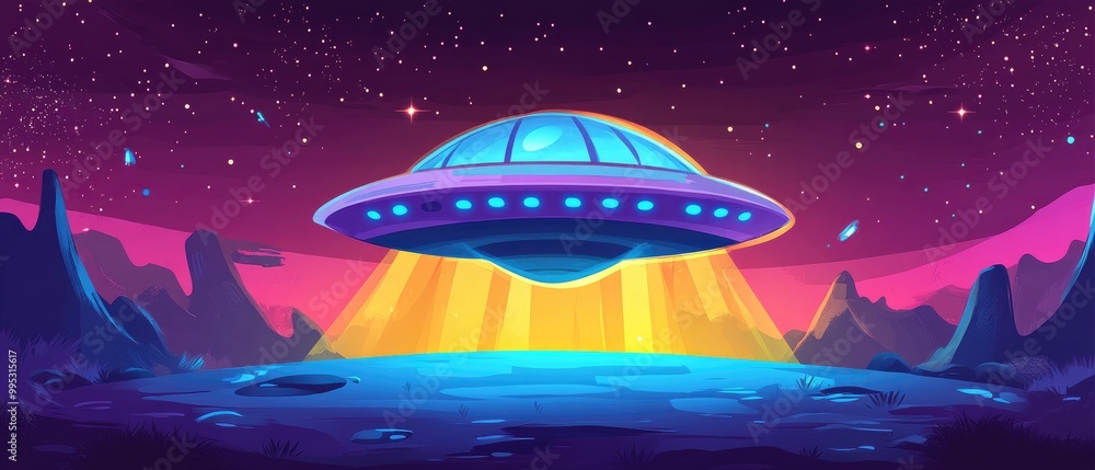 A colorful 2D cartoon illustration of a round dome shaped alien spacecraft commonly referred to as a UFO A colorful 2D cartoon illustration of a round dome shaped alien spacecraft commonly referred to as a UFO