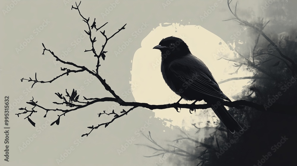 Fototapeta premium A silhouetted bird perched on a bare branch against a glowing moonlit background in a tranquil nighttime setting