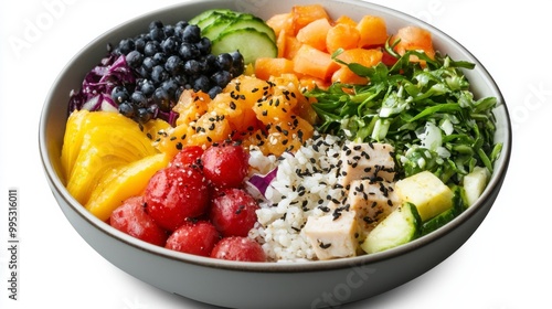 A colorful and healthy salad bowl filled with fresh fruits, vegetables, and grains, perfect for a nutritious meal.