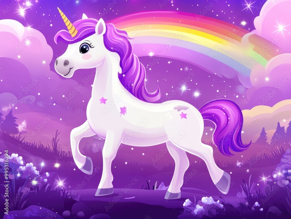Magical unicorn under a sparkling starry purple sky with a rainbow perfect for children s design 2D cartoon illustration Magical unicorn under a sparkling starry purple sky with a rainbow perfect for children s design 2D cartoon illustration