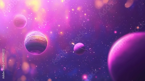 Wallpaper Mural Cosmic scene featuring purple and pink stars in a 2D cartoon style with planets set against a blurred abstract background Torontodigital.ca