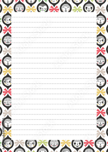 Papier à lettres et liste de cadeaux de Noël format A4, lignes pour écriture décorées d'un motif composé de lutins souriants et de rubans colorés, feuille pour journal intime pendant les fêtes