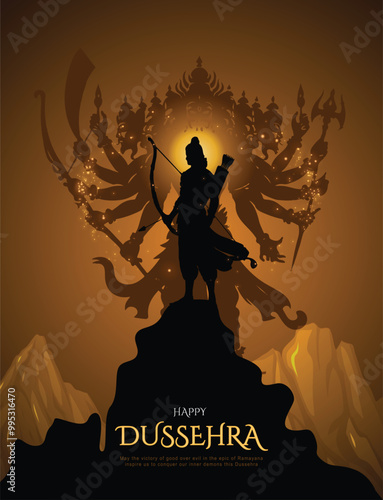 Happy Dussehra Vector Design. Lord Rama killing Ravana in Dussehra,Vijayadashami. Dussehra Poster Design Vector Illustration. Festival of India.