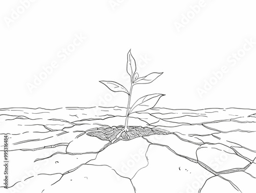Overcoming Obstacles: Single-Line Seedling Sprouting from Cracked Earth in Minimalist Black and White